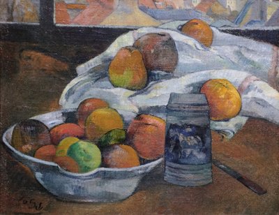 Ciotola di frutta e boccale davanti a una finestra da Paul Gauguin